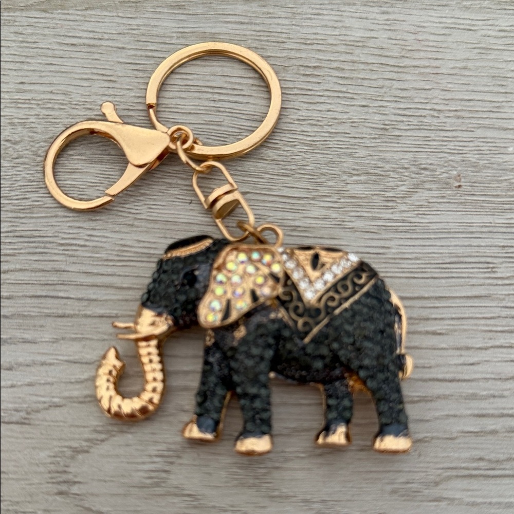 Gold Tone and Black Rhinestone Elephant Keychain